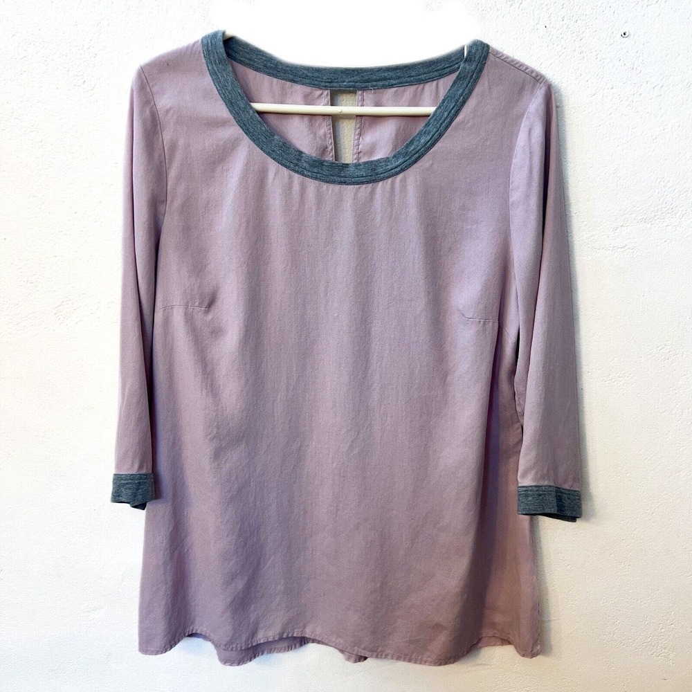 SOFT SURROUNDINGS Light Purple Silk Blouse 3/4 Sleeve Gray Trim Keyhole Medium